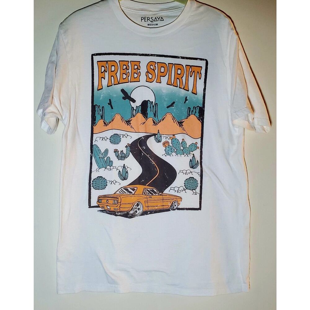 Persaya Mens M Short Sleeve T Shirt Free Spirit Mustang Desert Road Scene